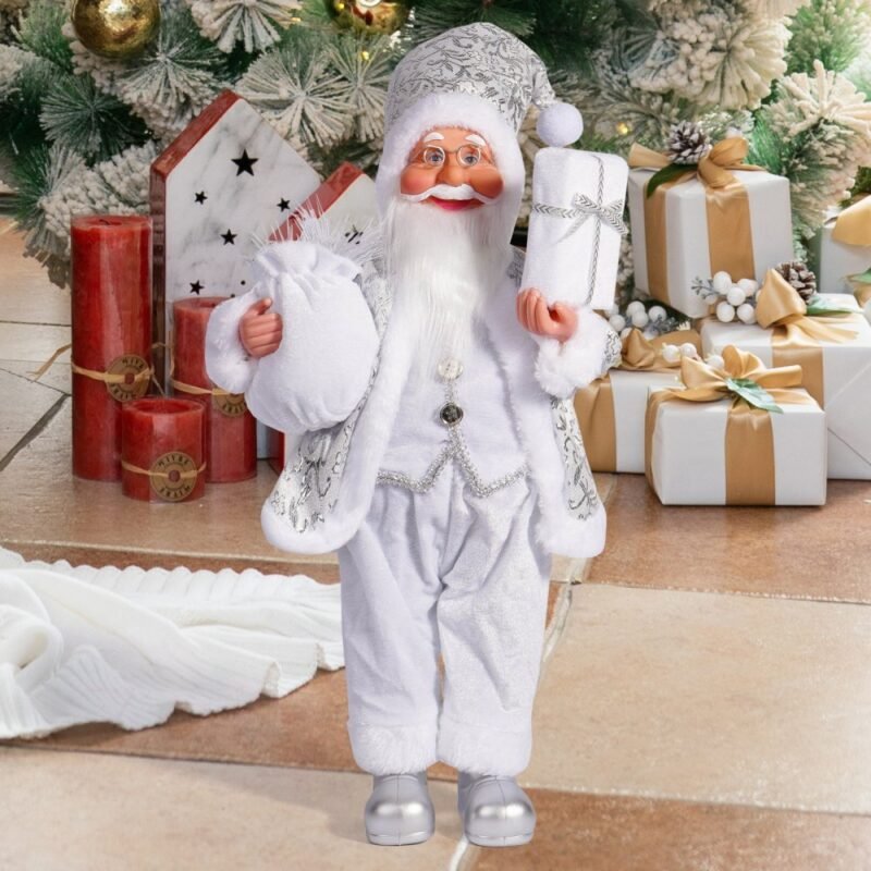 "PAPA NOEL CON BOLSA Y  REGALO PLATEADO CON BLANCO"